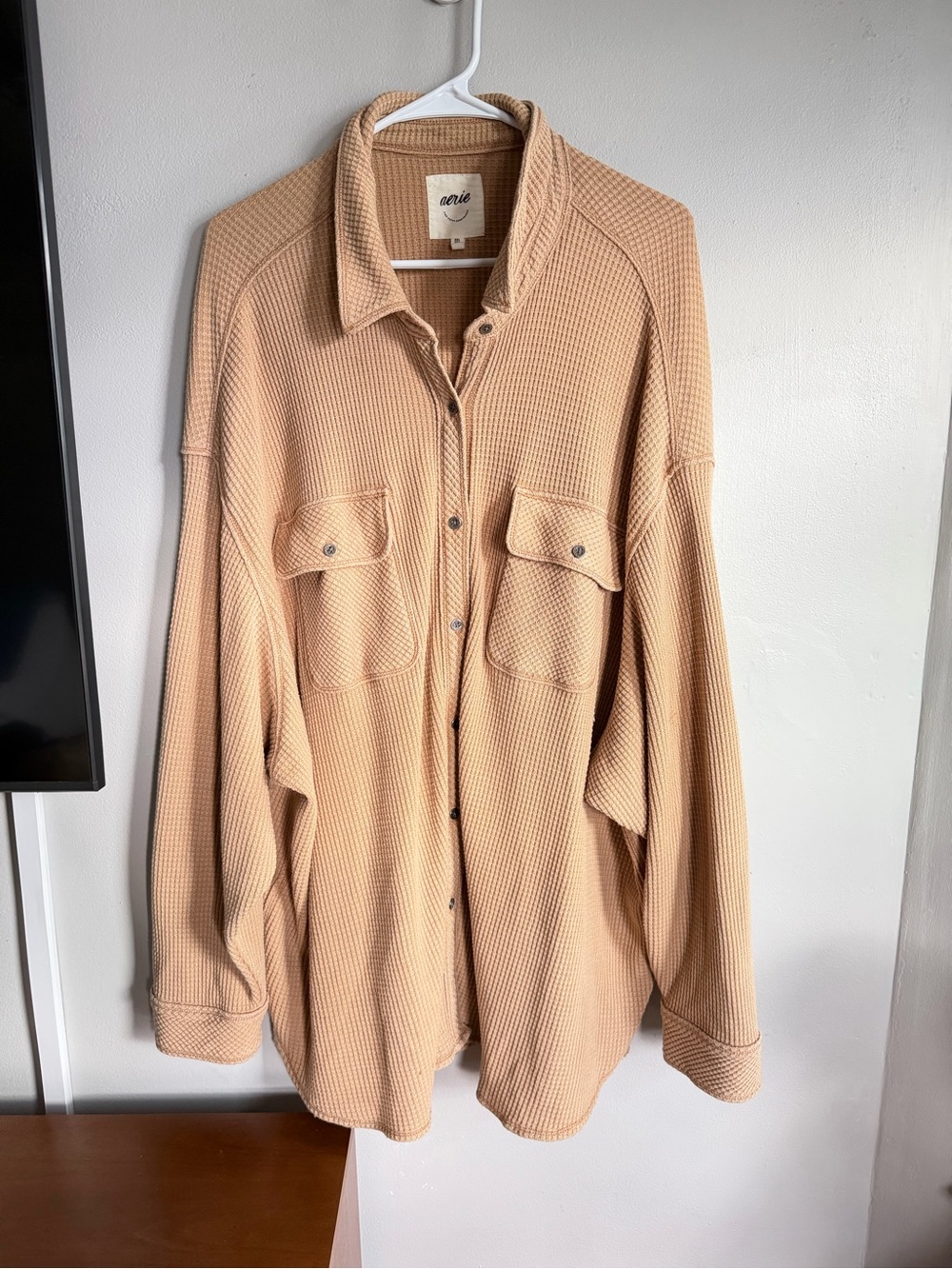 Aerie LumberJane Waffle Knit Shacket XXL Cozy Button Shirt Tan - Picture 3 of 6
